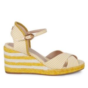 Stuart Weitzman Yellow and White Striped Espadrille Wedge Sandals Mirela